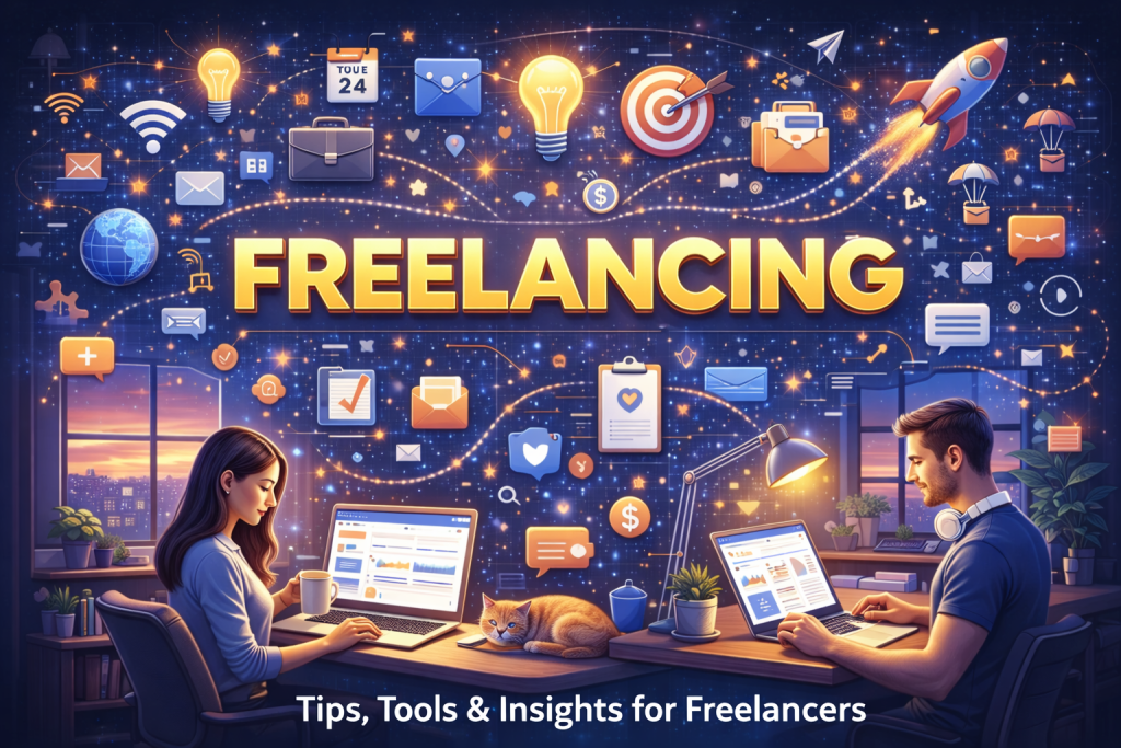 Digital illustration themed around “Freelancing” showing a woman and a man working remotely on laptops at home during evening hours, with a cat resting between them. Large glowing text reading “FREELANCING” appears above, surrounded by icons such as emails, calendars, targets, money symbols, light bulbs, cloud tools, and a rocket, representing freelancing skills, remote work, productivity, and independent online careers.