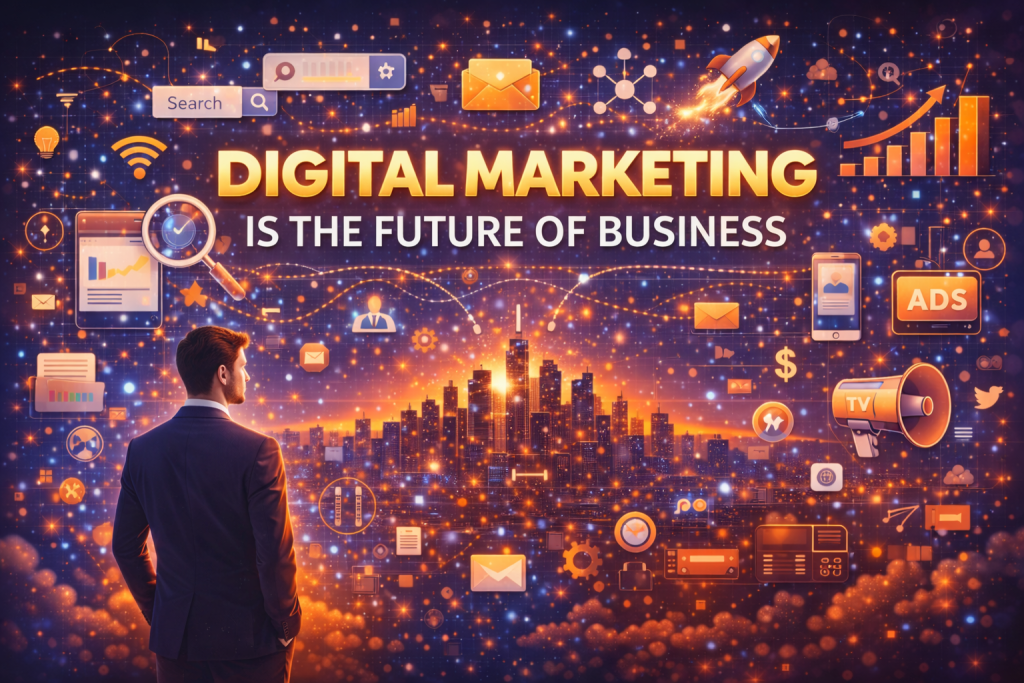 Futuristic digital illustration showing the phrase “Digital Marketing Is the Future of Business” above a glowing city skyline at sunset. A business professional stands in the foreground looking toward the city, surrounded by floating digital marketing icons such as search, email, ads, analytics, growth charts, social media, and a rocket, symbolizing innovation, online growth, and the future of modern business.