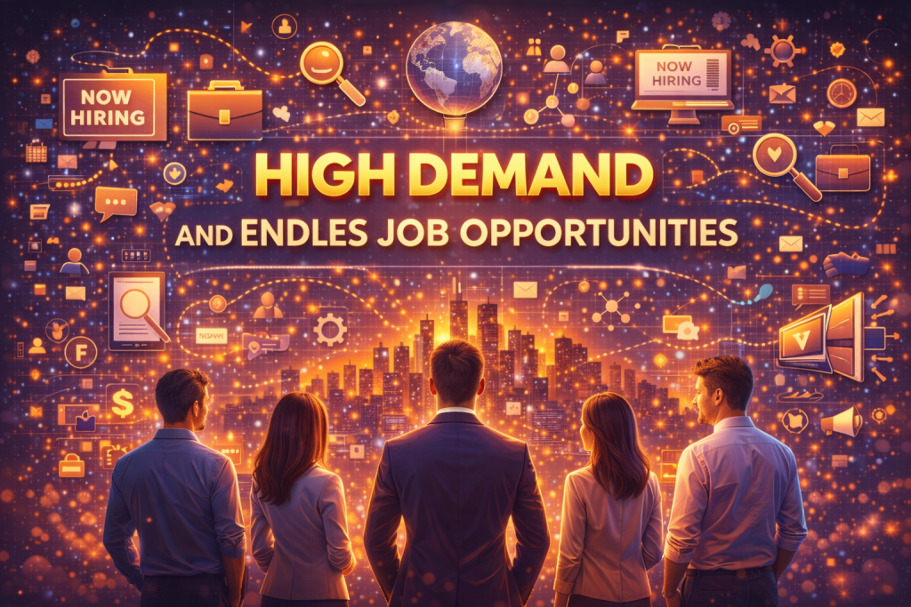 Digital illustration showing the concept of “High Demand and Endless Job Opportunities,” featuring a group of professionals standing together and looking toward a glowing city skyline. Large highlighted text reads “HIGH DEMAND AND ENDLESS JOB OPPORTUNITIES,” surrounded by floating icons such as “Now Hiring” signs, job listings, global connections, briefcases, and digital symbols, representing career growth, hiring demand, and worldwide employment opportunities.