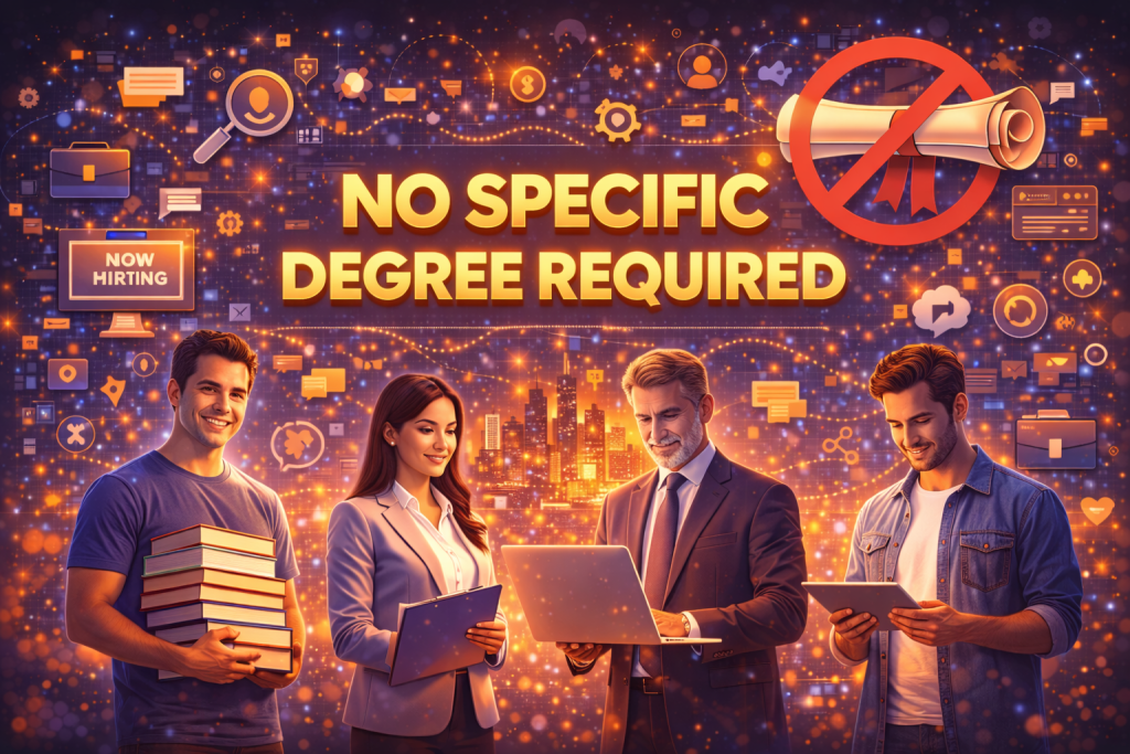 Digital illustration with the headline “No Specific Degree Required,” showing four diverse individuals representing different backgrounds—students and professionals—using books, laptops, tablets, and clipboards. A crossed-out diploma icon and “Now Hiring” signs appear in a glowing digital city backdrop, symbolizing career opportunities based on skills rather than formal degrees.