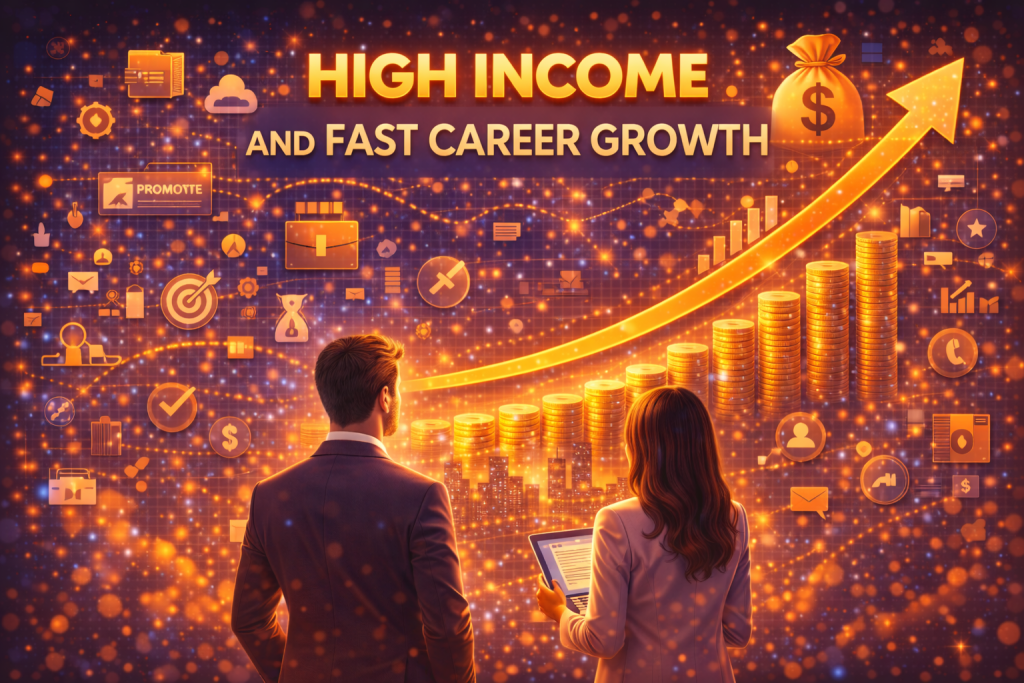 Digital illustration highlighting “High Income and Fast Career Growth,” showing a man and a woman in professional attire standing together and looking toward a glowing city skyline. Rising stacks of gold coins and an upward arrow dominate the scene, surrounded by digital icons like charts, targets, money symbols, and career tools, representing rapid professional growth, financial success, and increasing income opportunities.