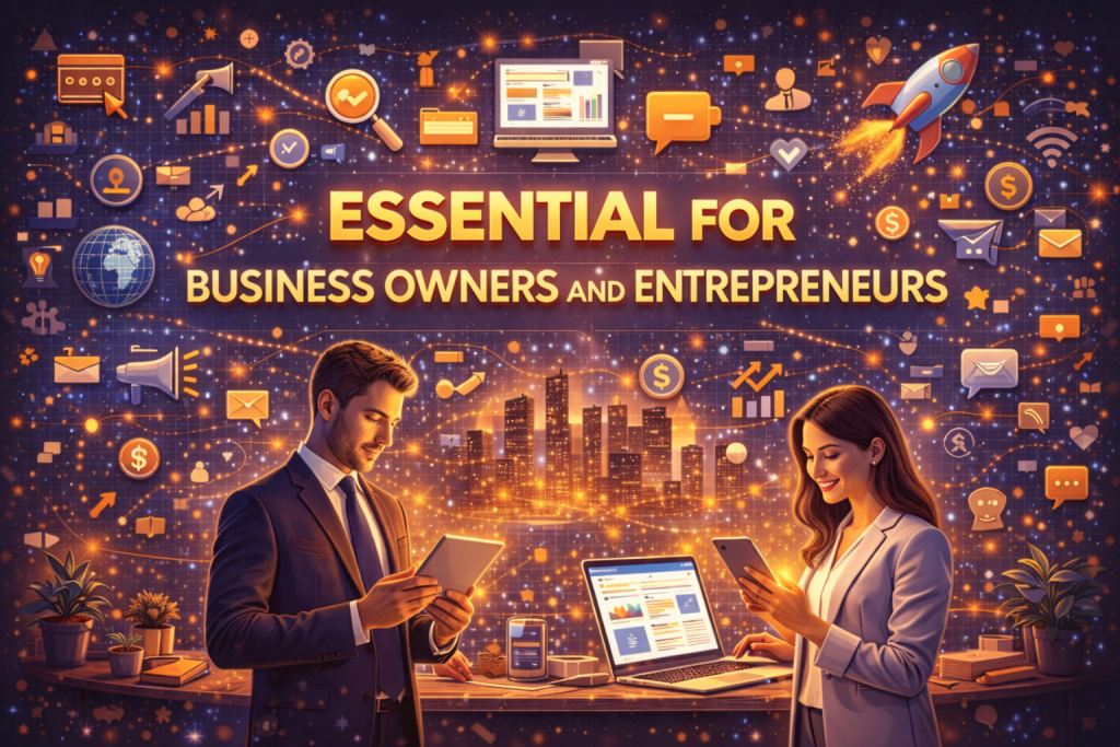 Digital illustration titled “Essential for Business Owners and Entrepreneurs” showing a man and a woman working with a tablet, smartphone, and laptop in a modern workspace. A glowing city skyline appears in the background, surrounded by digital icons such as analytics charts, emails, money symbols, marketing tools, targets, and a rocket, representing business growth, entrepreneurship, innovation, and the importance of digital skills for business success.