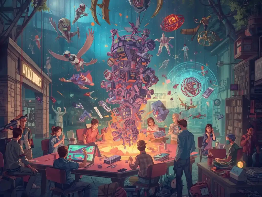 Students working together in a creative VFX classroom where futuristic holograms, animated characters, and digital effects float above a central table as part of a dynamic visual effects project.