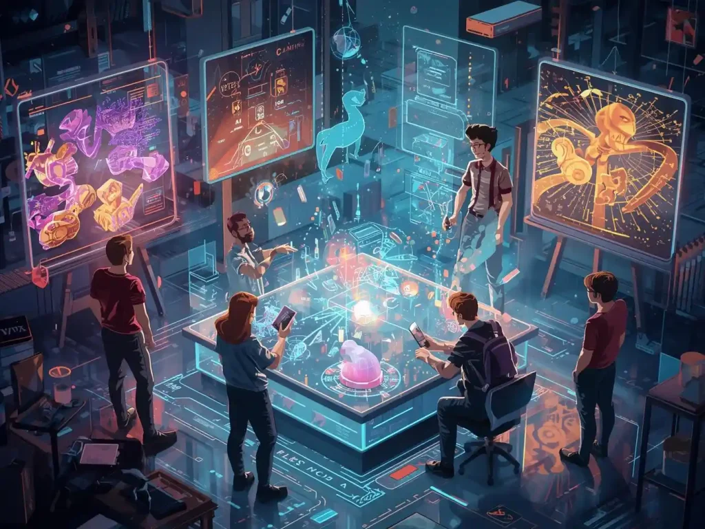 Students collaborating around a futuristic holographic workstation displaying 3D models, animations, and visual effects concepts in a high-tech VFX classroom environment.