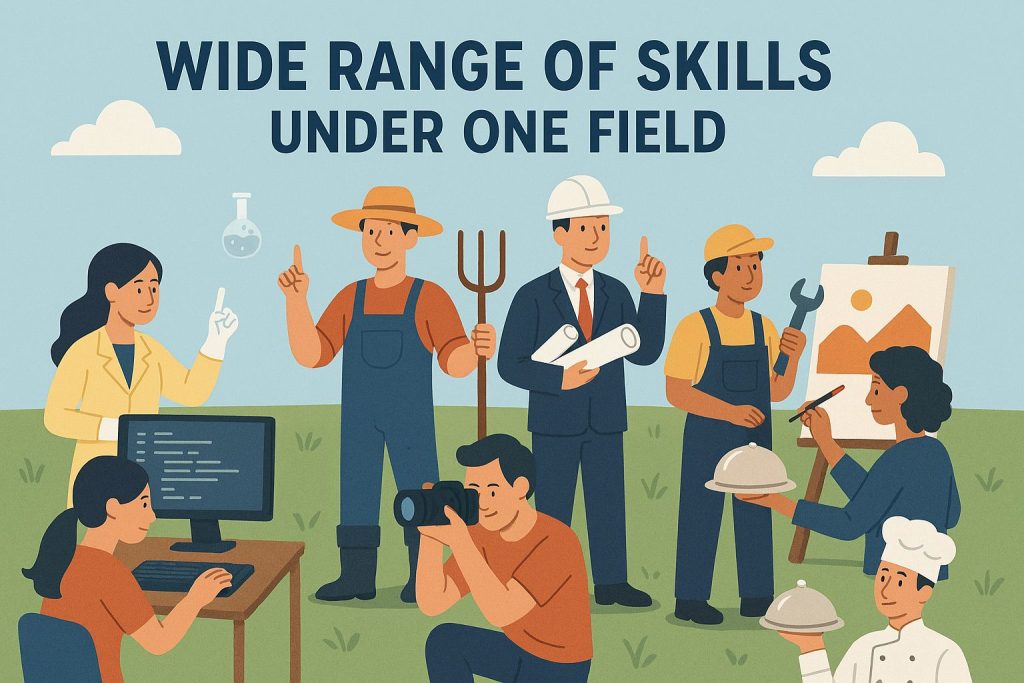Illustration of eight diverse professionals working in a grassy field under a blue sky with clouds. The top text reads "Wide Range of Skills Under One Field." Characters include a coder at a desk, a scientist with a flask, a farmer with a pitchfork, an architect with blueprints, a handyman with a wrench, an artist painting on an easel, a chef holding a covered dish, and a photographer taking a picture. Each person represents a different skill set, unified by the shared outdoor setting.