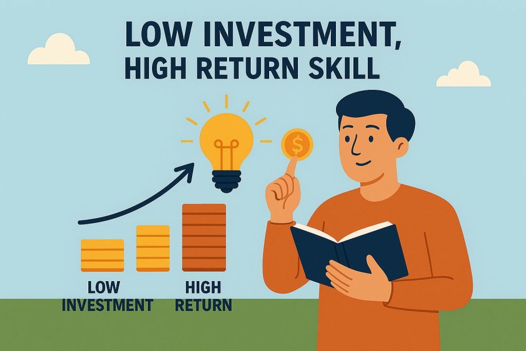 Illustration of a young man in an orange shirt holding a book and smiling while raising a golden coin with a dollar sign. To his left, two stacks of coins represent financial growth: a shorter stack labeled "Low Investment" and a taller stack labeled "High Return." A curved arrow rises from the smaller stack to the larger one, emphasizing upward progress. Above the scene, bold text reads "Low Investment, High Return Skill" against a light blue sky with two white clouds.