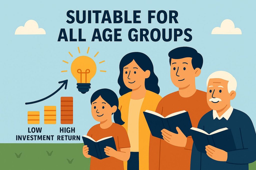 Illustration of four people from different age groups standing side by side on a grassy field under a blue sky with clouds. Each person holds an open book and smiles. From left to right: a young girl in an orange shirt, a middle-aged woman in a yellow cardigan, a young man in an orange shirt, and an elderly man with white hair and a mustache in a navy sweater. Above them, bold text reads "Suitable for All Age Groups."
