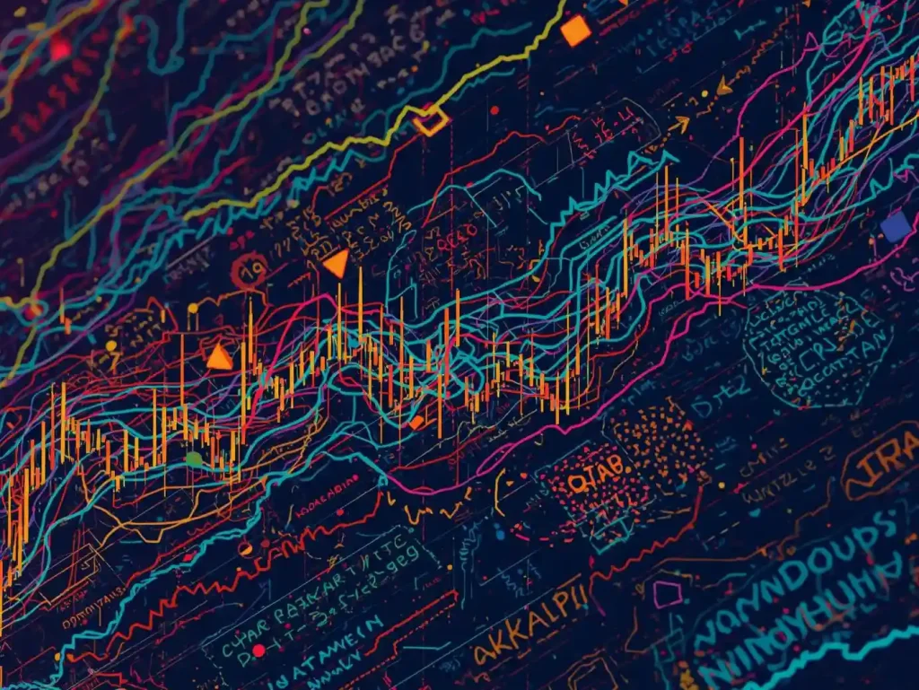 Abstract digital chart showing multicolored lines, data points, and analytics elements representing financial or data science trends.
