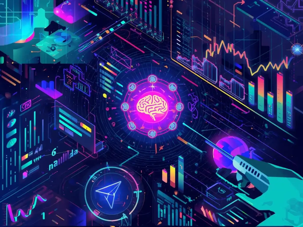 Futuristic digital illustration of a glowing brain surrounded by data visualizations, holograms, and a syringe-wielding hand, symbolizing AI and neural enhancement.