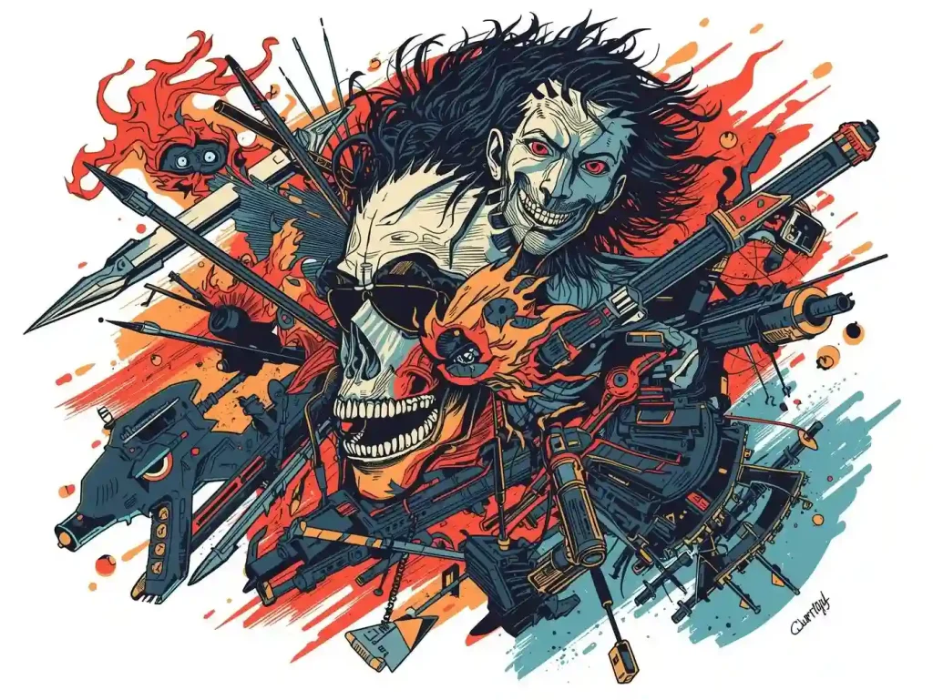 Stylized illustration of a flaming skull with sunglasses, surrounded by weapons, a sinister figure, and cyberpunk elements.
